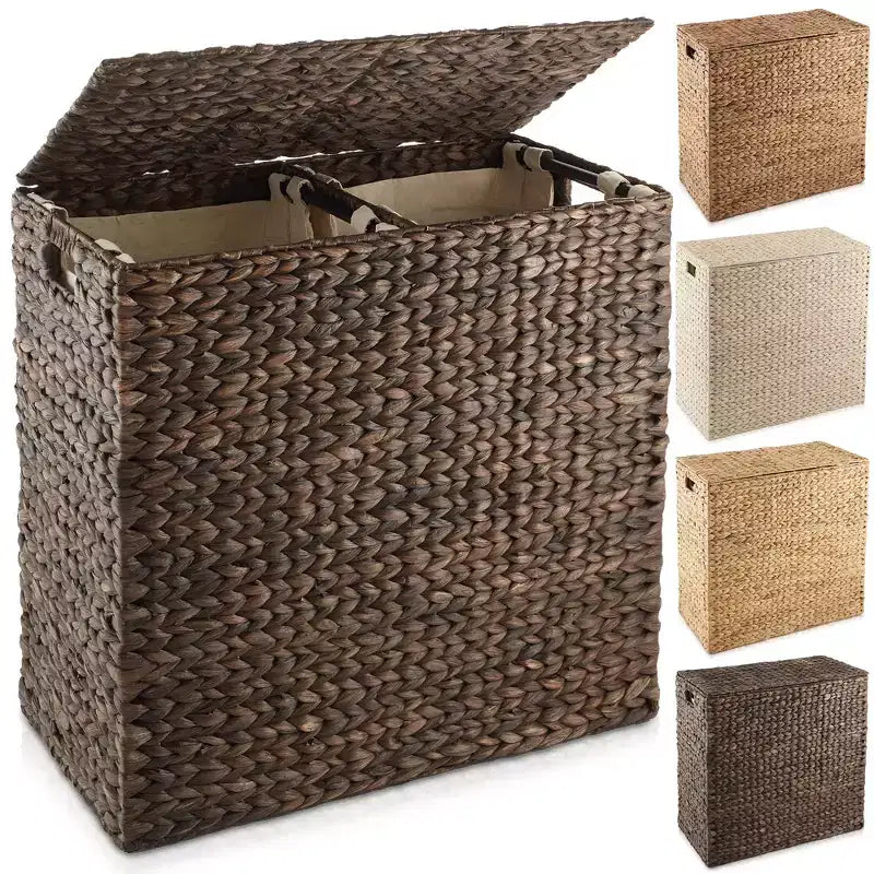 Cesto portabiancheria Casafield a 2 scomparti con coperchio e sacchetti foderati rimovibili, selezionatore in giacinto d'acqua intrecciato per i vestiti