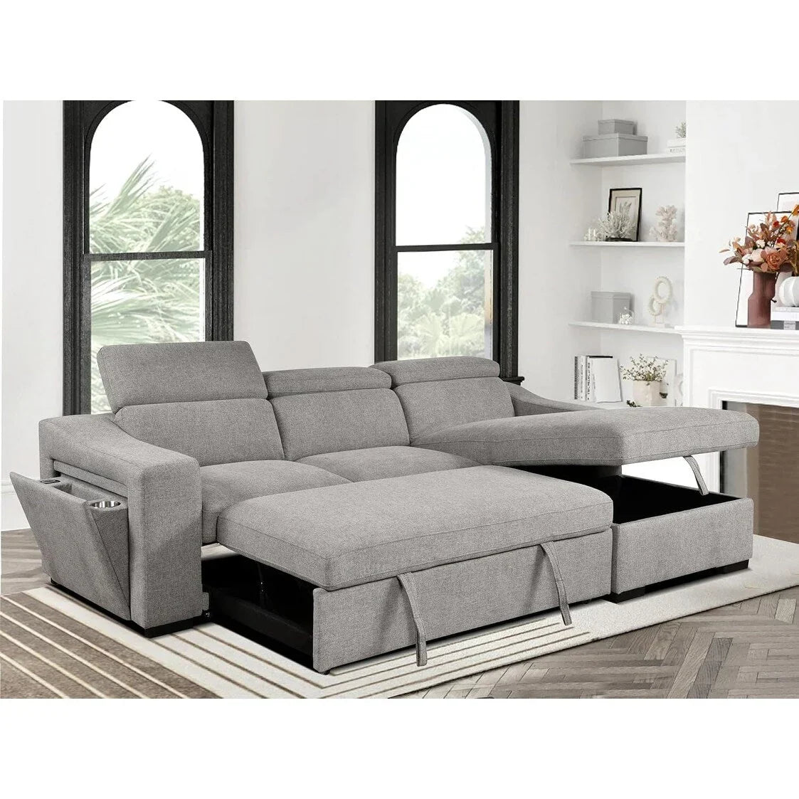 Roomfitters 103 umwandelbares Ecksofa mit Aufbewahrungsottomane, verstellbaren Kopfstützen und Schlafsofa in L-Form