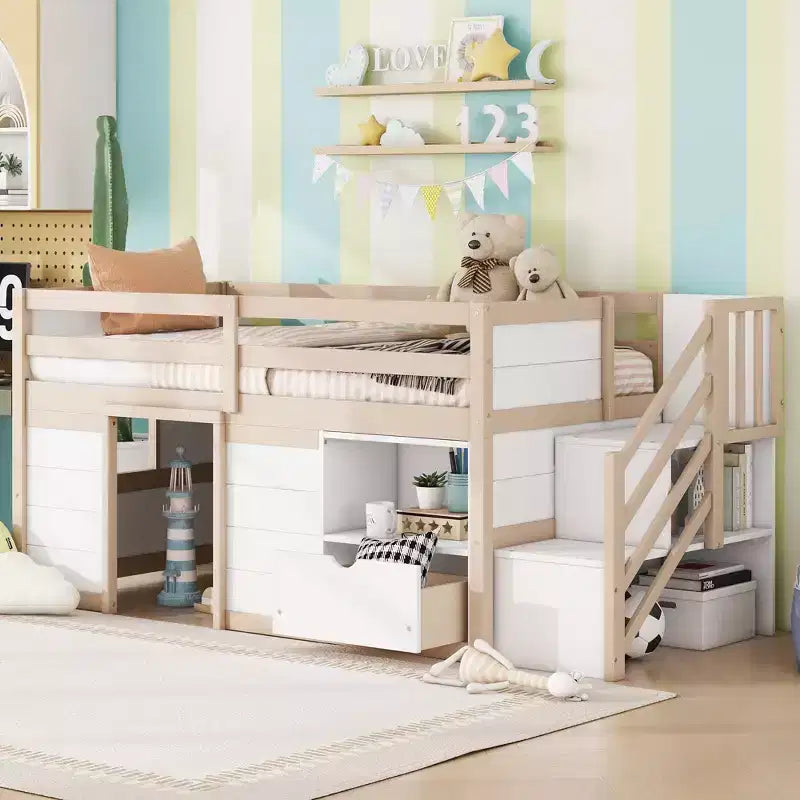Letto soppalcato singolo Okak in legno massello con scale e spazio contenitore, letto a castello singolo basso con cassetti e ripiani, letto soppalcato multifunzionale per bambini e ragazzi
