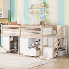 Letto soppalcato singolo Okak in legno massello con scale e spazio contenitore, letto a castello singolo basso con cassetti e ripiani, letto soppalcato multifunzionale per bambini e ragazzi