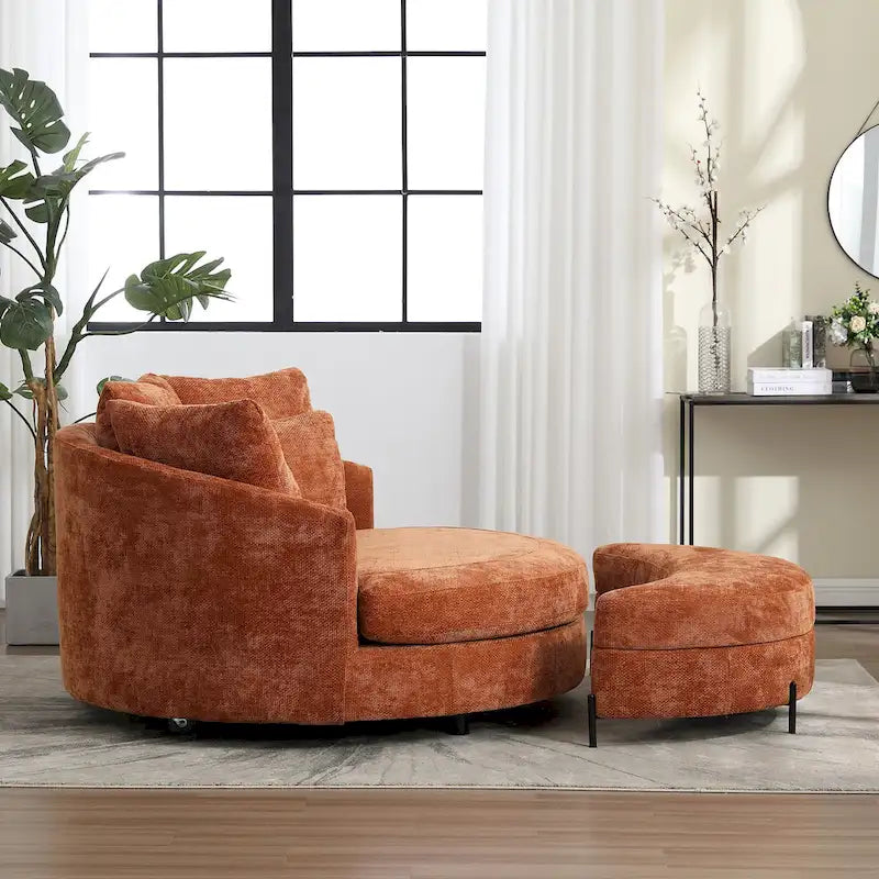 Fauteuil tonneau moderne rond avec 5 coussins et pouf en option