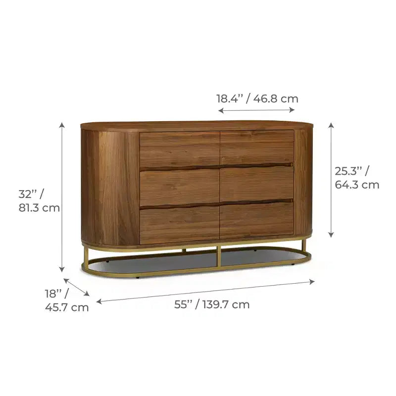 Cassettiera moderna a 6 cassetti con design a bordo vivo, base in metallo e struttura resistente in legno misto