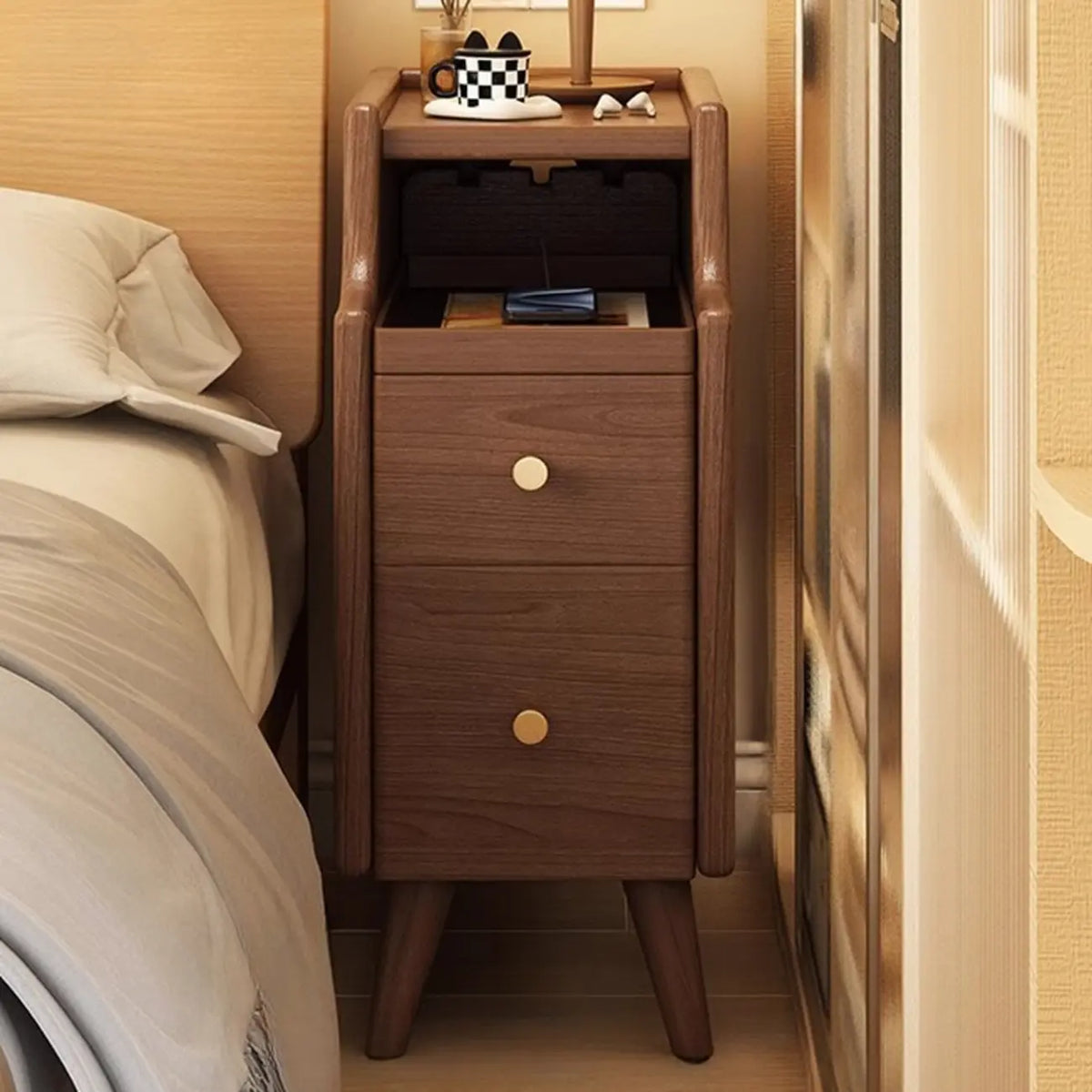 Table de chevet étroite en bois blanc avec 2 étagères