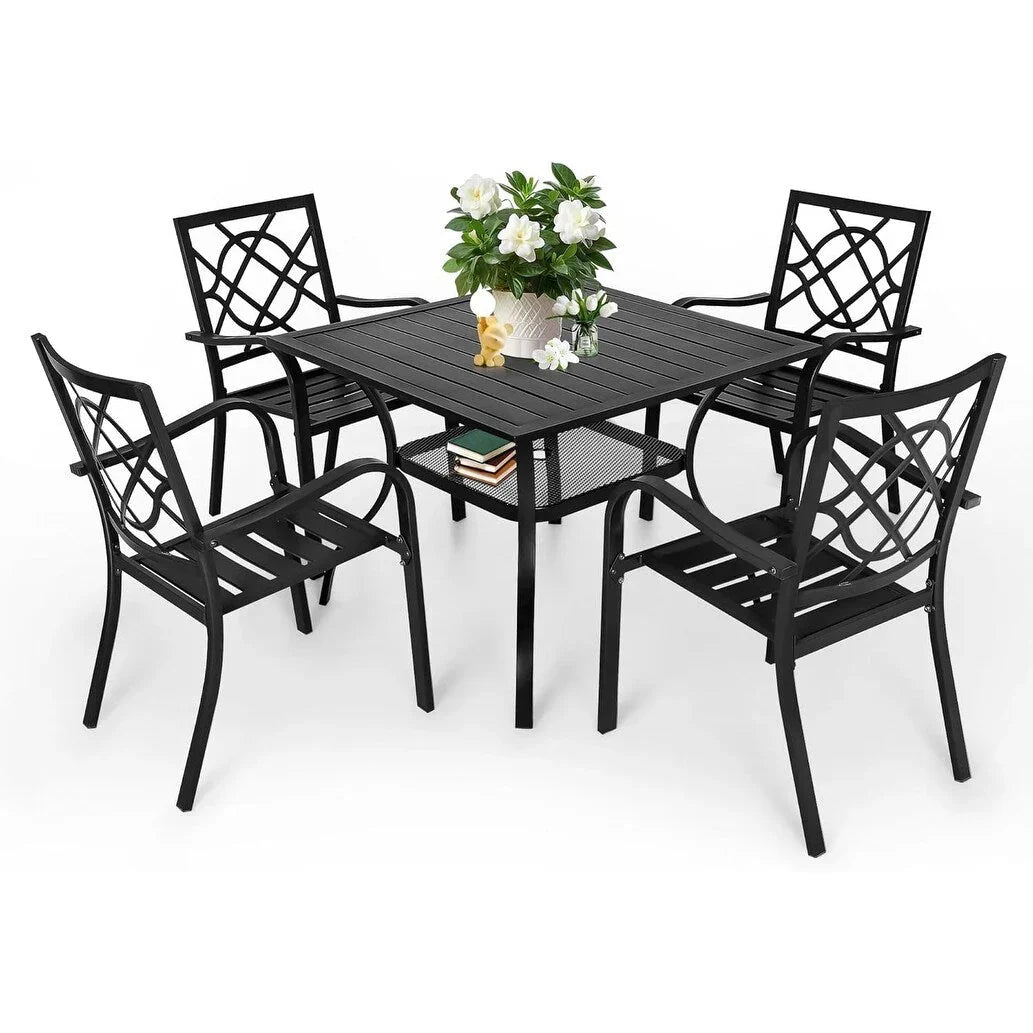 SUNCROWN Outdoor Patio 5/7 Piece Steel Dining Sets Metal Slatted Table and Stackable Chairs Powder Coated Frame
