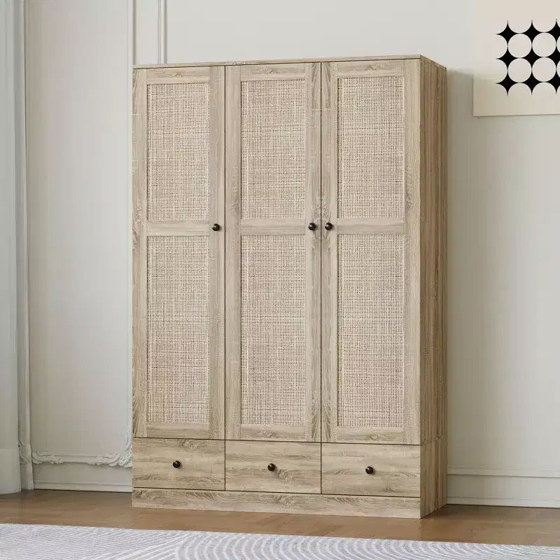 Armadio in rattan Famapy con 3 cassetti, guardaroba con 3 ante in rattan traspirante, armadio alto in stile rustico per camera da letto