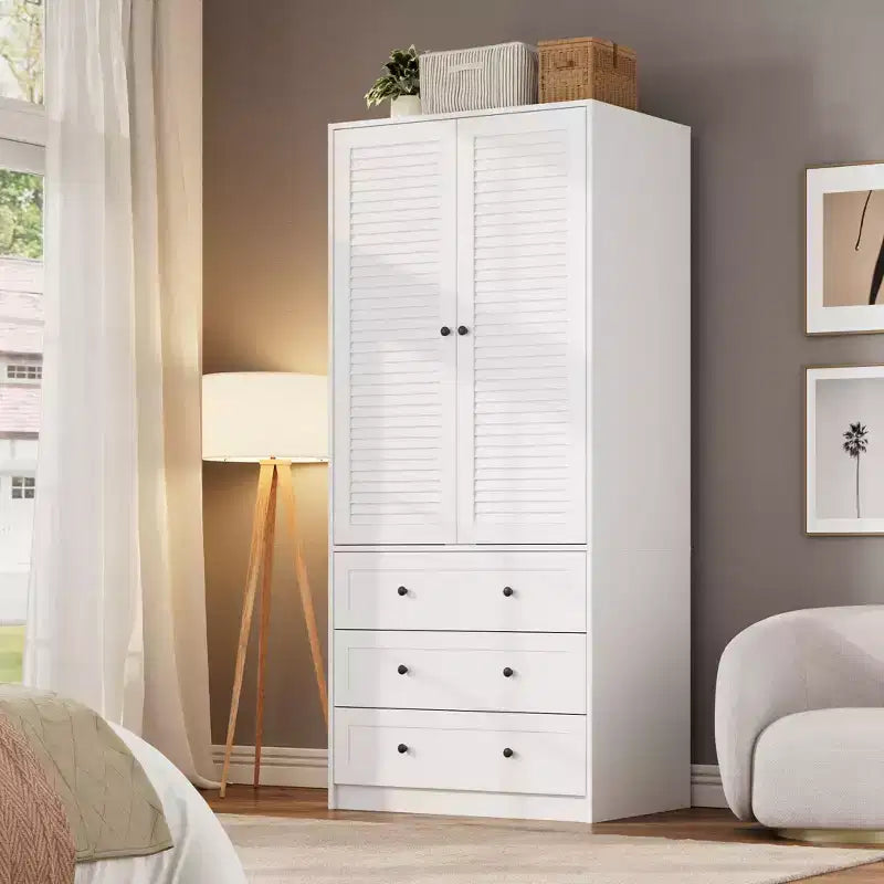 Armadio guardaroba COZONY con 3 cassetti e 2 ante, mobile guardaroba moderno in legno per camera da letto, armadio indipendente bianco resistente