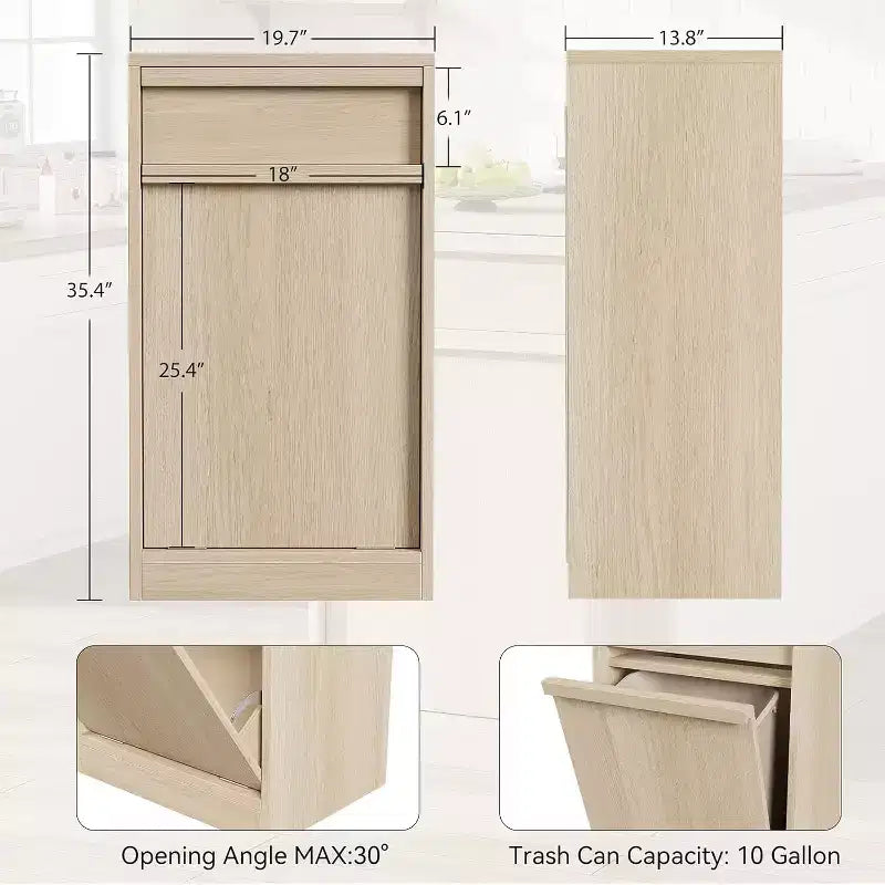 Poubelle inclinable en chêne naturel avec rangement et tiroir, meuble cache-poubelle, panier à linge pour cuisine, salle à manger et salon