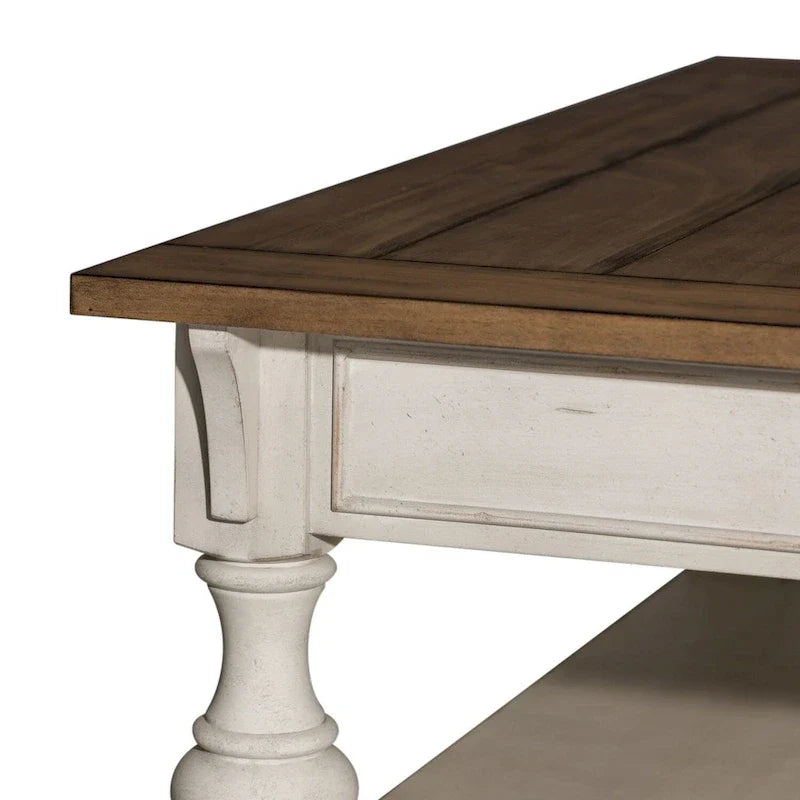 Table basse Morgan Creek blanc antique avec accents brossés couleur tabac