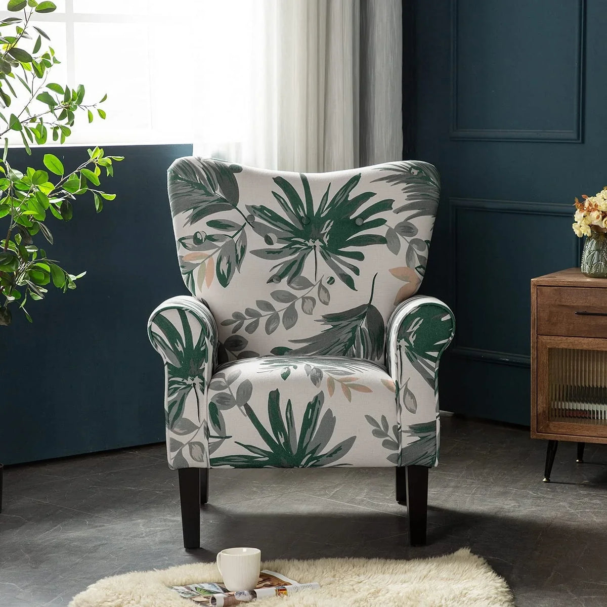 Fauteuil d’appoint moderne Erommy, fauteuil à dossier haut, canapé une place en tissu rembourré avec boutons et pieds en bois pour le salon