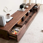 Meuble TV minimaliste avec tiroirs, console multimédia en bois massif avec placards, porte basculante, placage noyer, entièrement assemblée