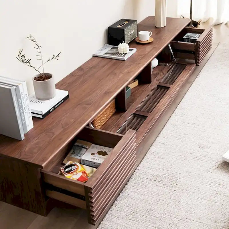 Meuble TV minimaliste avec tiroirs, console multimédia en bois massif avec placards, porte basculante, placage noyer, entièrement assemblée
