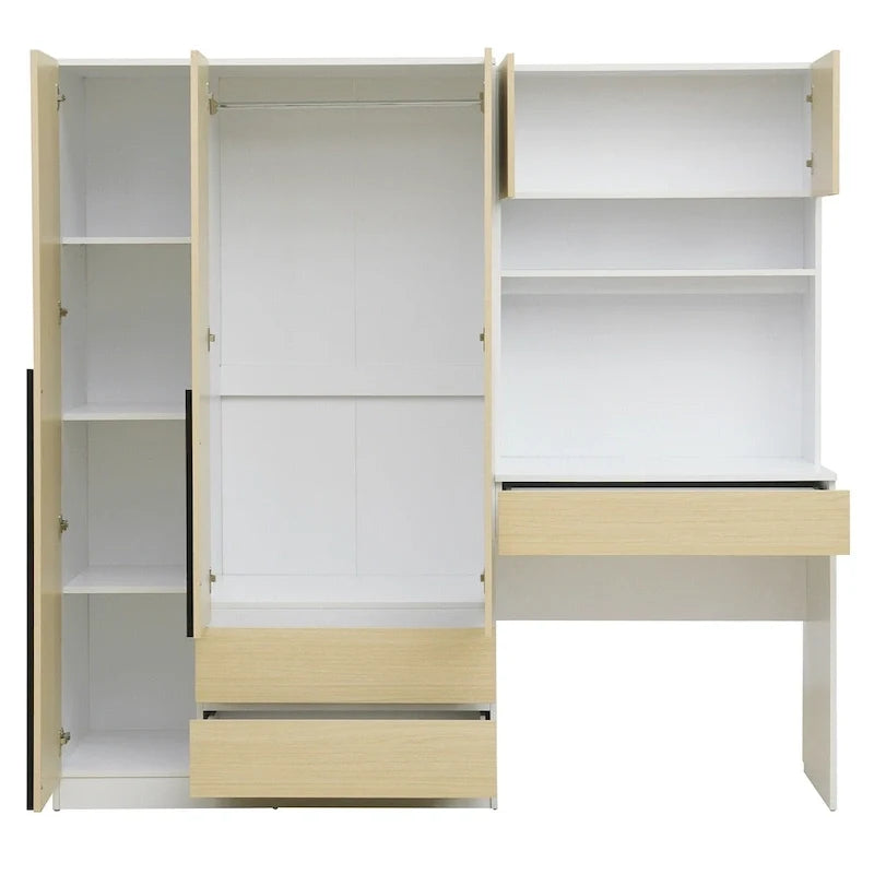 Armoire 3-en-1 avec coiffeuse, ensemble bureau, armoire de chambre avec 2 tiroirs, 3 portes et espace de rangement