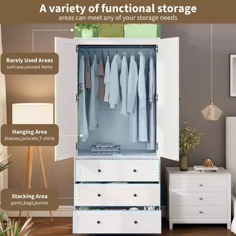 Armadio guardaroba COZONY con 3 cassetti e 2 ante, mobile guardaroba moderno in legno per camera da letto, armadio indipendente bianco resistente