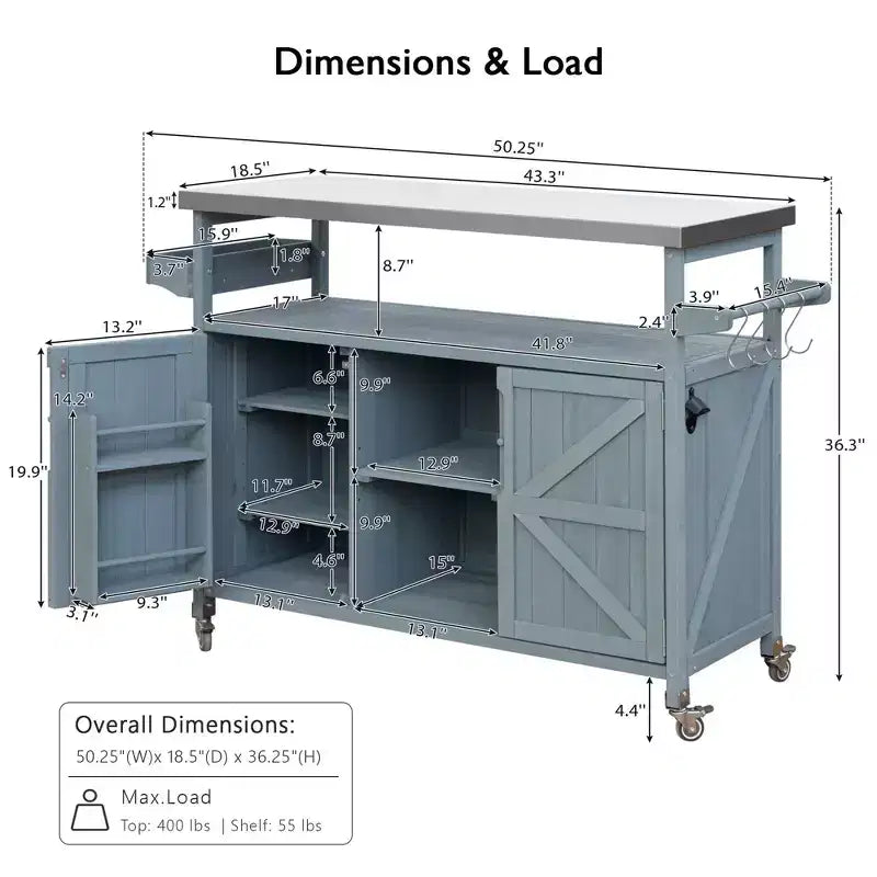 Îlot de cuisine extérieur Okak avec plateau en acier inoxydable, desserte de cuisine en bois avec portes, étagères et porte-épices, îlot de cuisine à roulettes