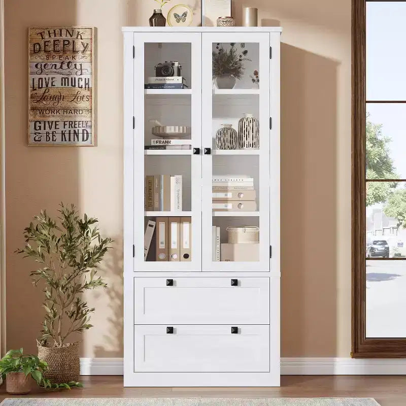 Dispensa da cucina in stile rustico con ante in vetro, mobile contenitore da 72 pollici con cassetti e ripiani regolabili per sala da pranzo, bagno e soggiorno