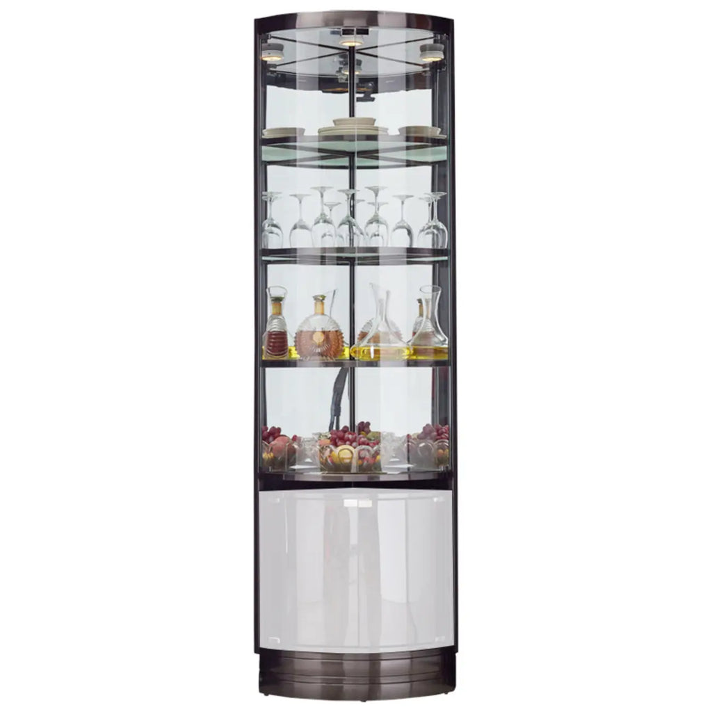 Meuble d’angle de rangement et d’exposition avec plusieurs niveaux, en verre et métal, pour bouteilles de vin