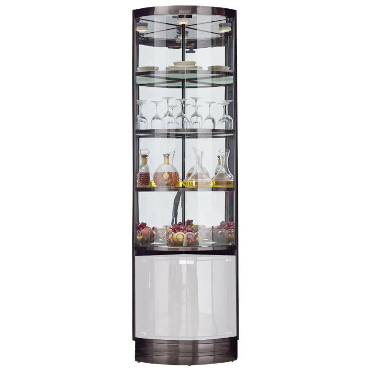Meuble d’angle de rangement et d’exposition avec plusieurs niveaux, en verre et métal, pour bouteilles de vin