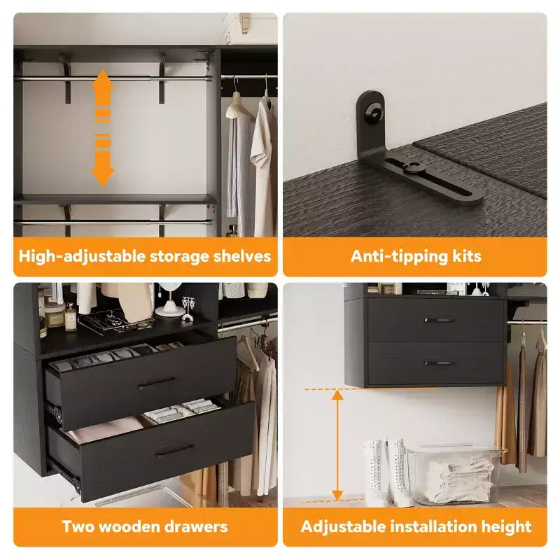 Sistema guardaroba indipendente Besiost con 8 aste appendiabiti e cassetti, organizzatore per guardaroba con 10 ripiani