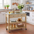 Desserte de cuisine roulante avec plateau en marbre, îlot de cuisine en bois massif avec 2 tiroirs, chariot de cuisine à 3 niveaux avec roulettes amovibles verrouillables et porte-serviettes