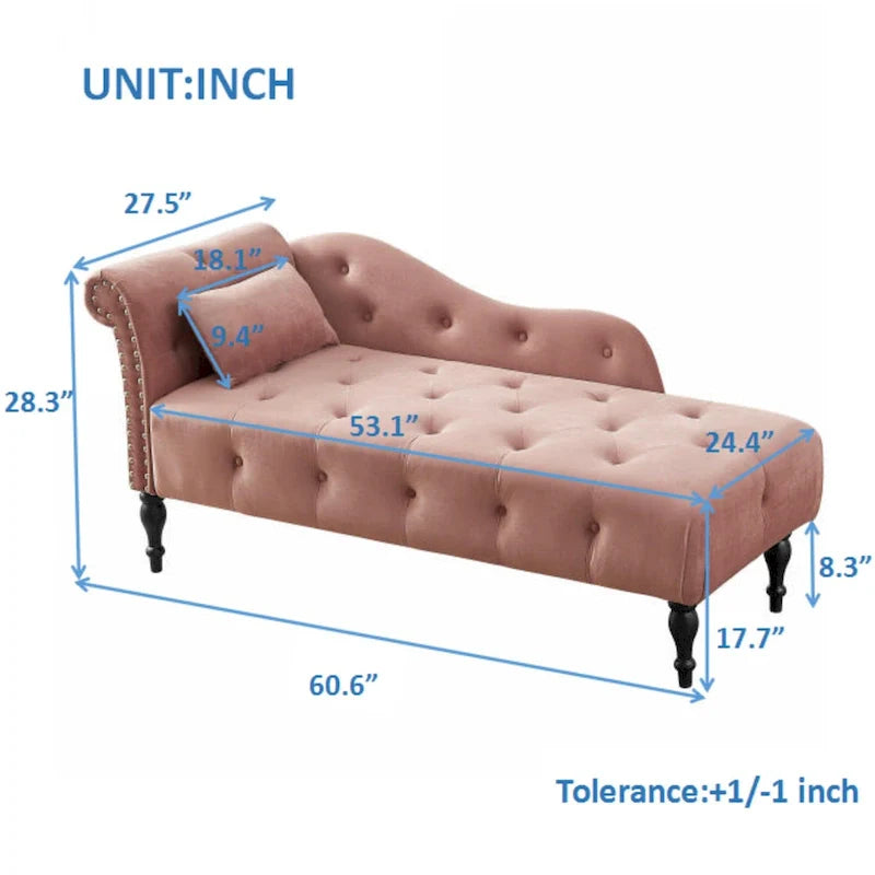 Chaise longue moderna da 60,6" in velluto con bottoni trapuntati, gambe in legno massello e borchie decorative