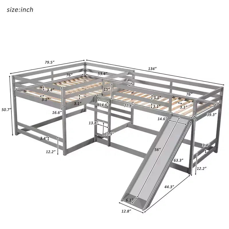 Lit superposé en L pour 4 enfants, lit superposé quadruple avec toboggan, structure en bois avec couchage double et simple pour chambre ou dortoir