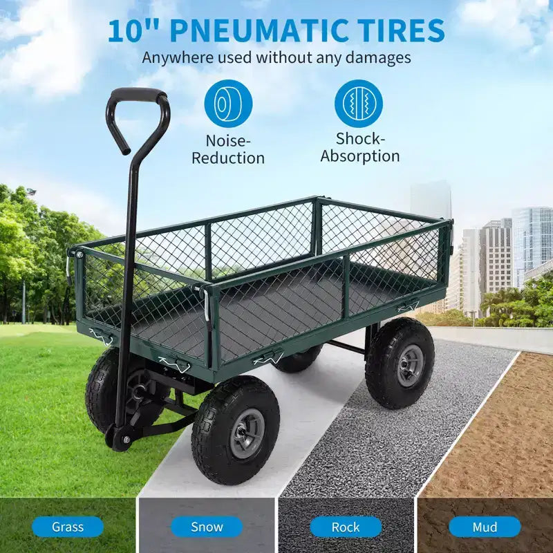 Carrello da giardino in acciaio per carichi pesanti, 500 libbre, carrello multiuso pieghevole con sponde in rete e rivestimento rimovibili, 10 pneumatici e maniglia di traino