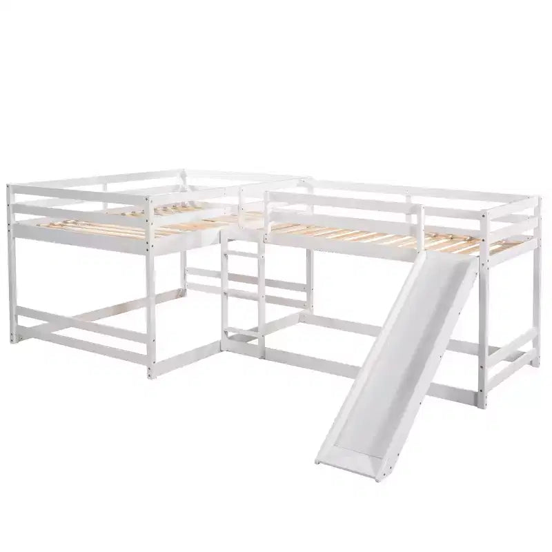 Lit superposé en L pour 4 enfants, lit superposé quadruple avec toboggan, structure en bois avec couchage double et simple pour chambre ou dortoir