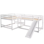 Lit superposé en L pour 4 enfants, lit superposé quadruple avec toboggan, structure en bois avec couchage double et simple pour chambre ou dortoir