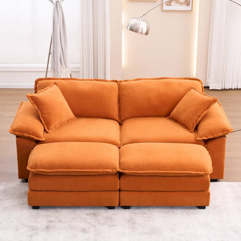 2-seater sofa with 2 cushions, 2 pillows and 2 ottomans, comfortable sofa - Living room deep sofa, modular sofa