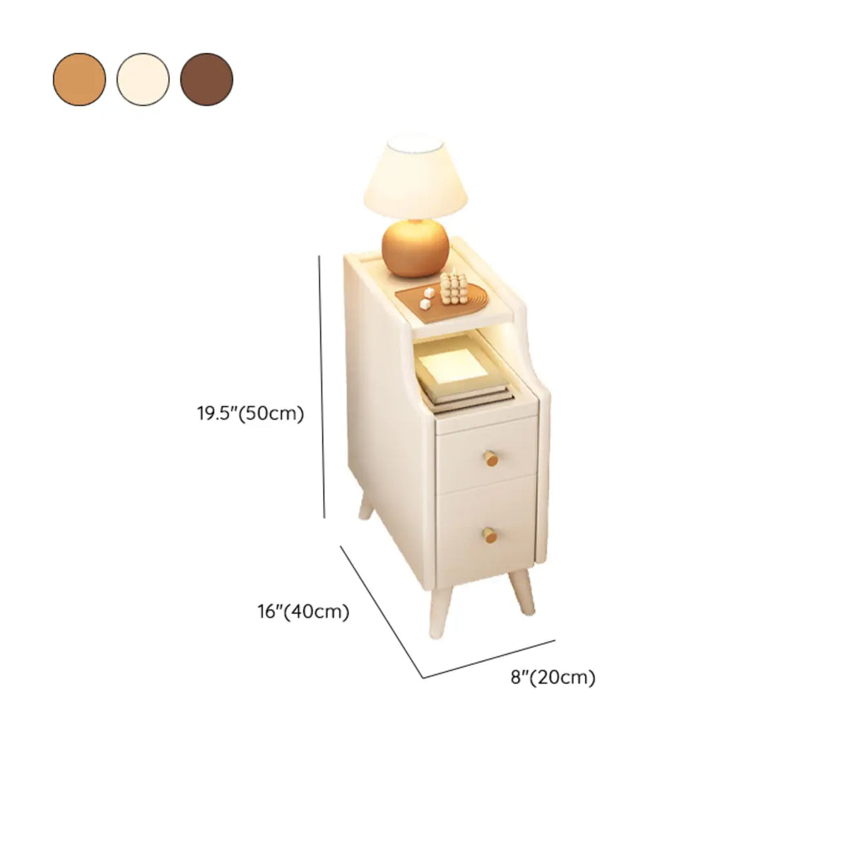 Table de chevet étroite en bois blanc avec 2 étagères