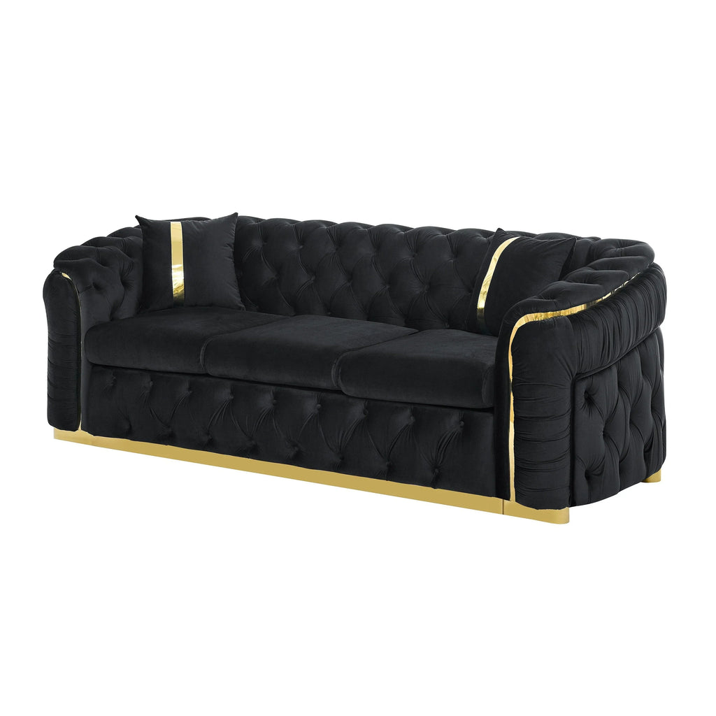 Canapé 3 places en velours de 90,6 avec 2 coussins, coussins haute densité, accents dorés et oreillers