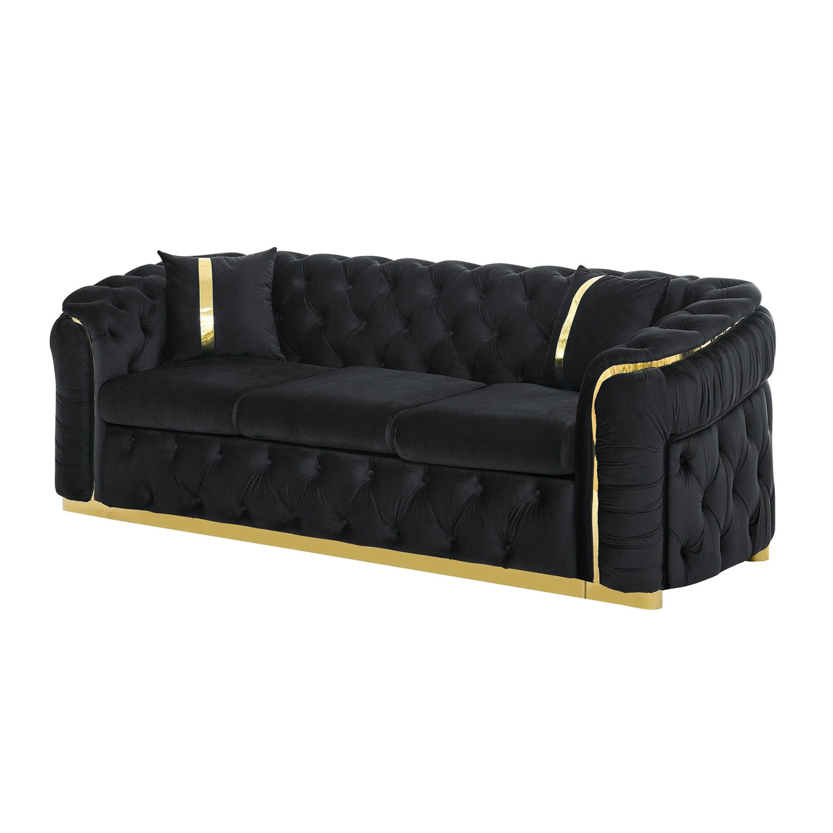 Canapé 3 places en velours de 90,6 avec 2 coussins, coussins haute densité, accents dorés et oreillers