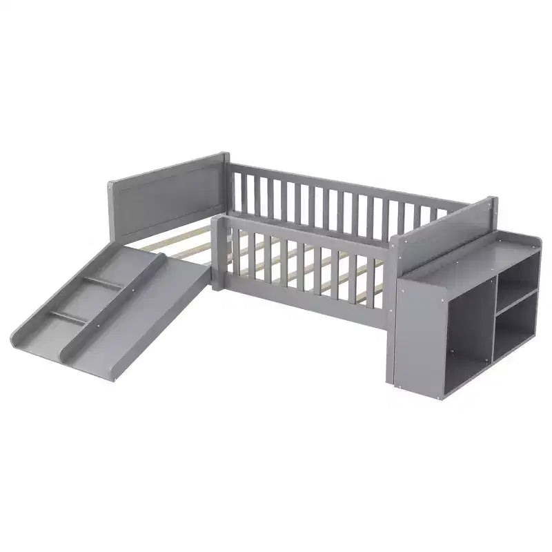 Cadre de lit mezzanine bas Whisen 1 place pour enfants avec toboggan, bibliothèque de rangement mobile et barrières de sécurité