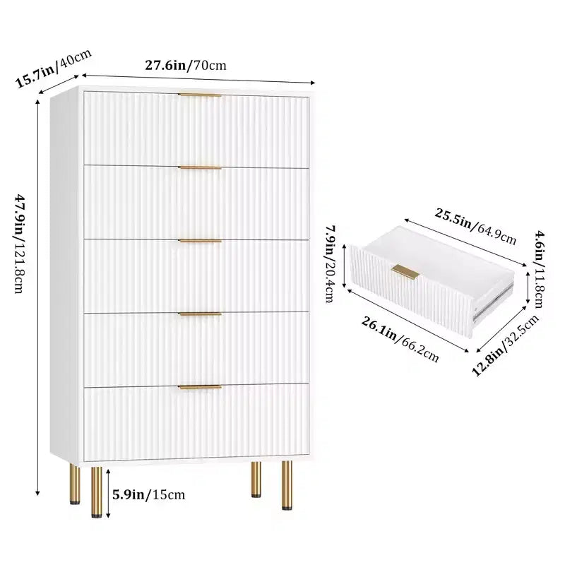 Cassettiera bianca / effetto marmo e legno a 5 cassetti - Pannello scanalato, per 1 persona