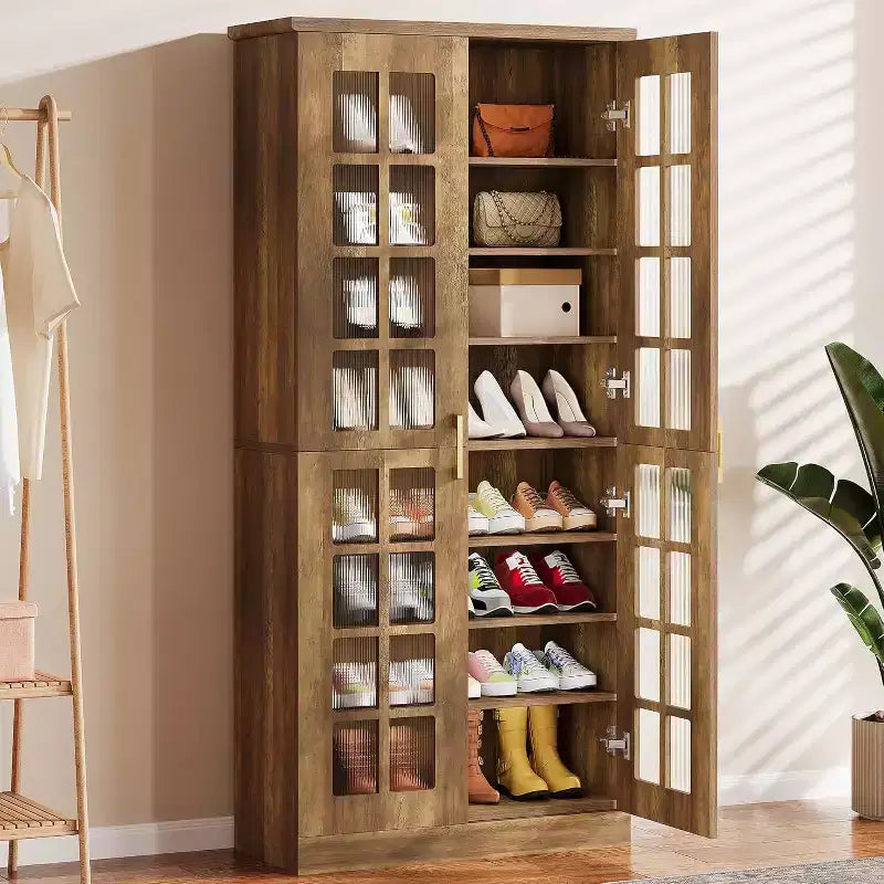 Meuble à chaussures haut Lantine avec portes, rangement à chaussures à 8 niveaux avec étagères réglables, meuble à chaussures moderne pour entrée, placard ou salon, blanc