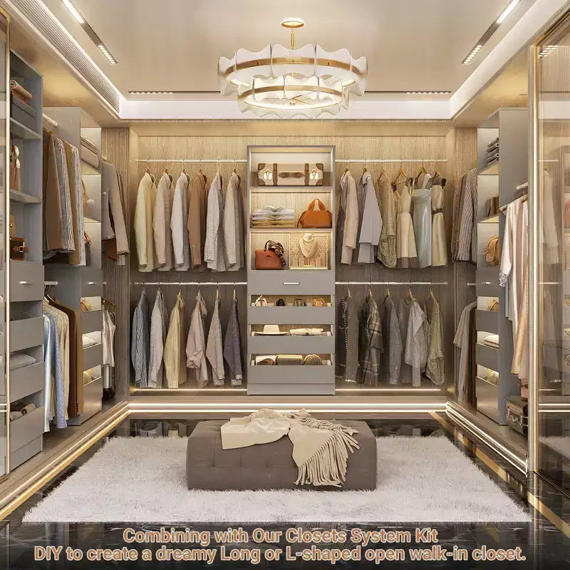 Système d’organisation de dressing en bois Besiost de 4 à 9 pieds avec 4 tiroirs, 4 tringles et des colonnes d’étagères