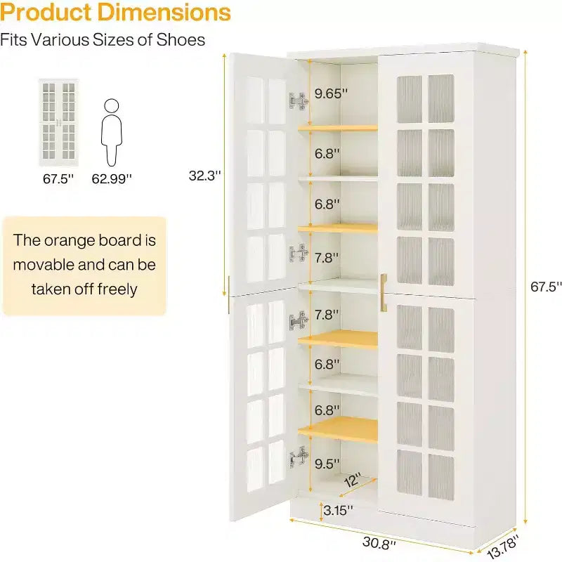 Meuble à chaussures haut Lantine avec portes, rangement à chaussures à 8 niveaux avec étagères réglables, meuble à chaussures moderne pour entrée, placard ou salon, blanc