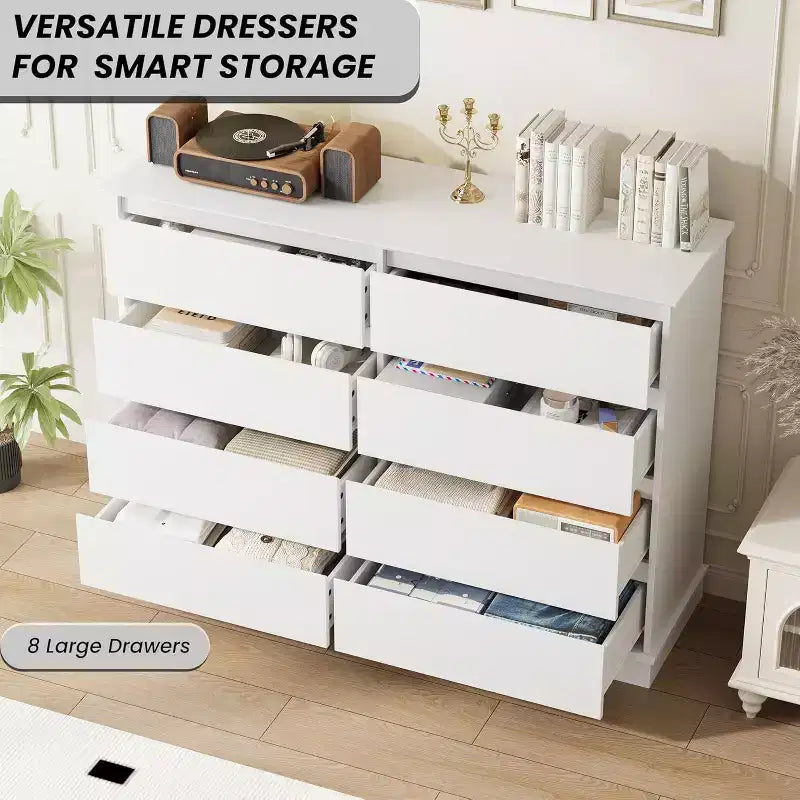 Meuble de rangement à 8 tiroirs, commode à tiroirs profonds, grande armoire à plateau large pour le salon, le couloir ou la chambre d’enfant