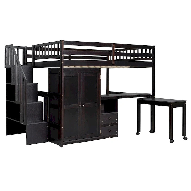 Letto a soppalco matrimoniale con scale, libreria, scrivania e guardaroba, mobile multifunzionale salvaspazio per bambini e ragazzi - bianco
