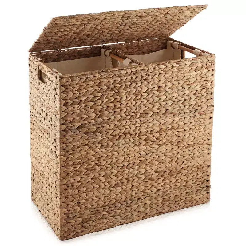 Cesto portabiancheria Casafield a 2 scomparti con coperchio e sacchetti foderati rimovibili, selezionatore in giacinto d'acqua intrecciato per i vestiti