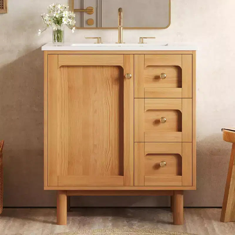 Meuble-lavabo en céramique JVNOXK de 30 po, style rustique moderne, avec 3 tiroirs et 1 grande porte à fermeture amortie, meuble de rangement à grain de bois naturel