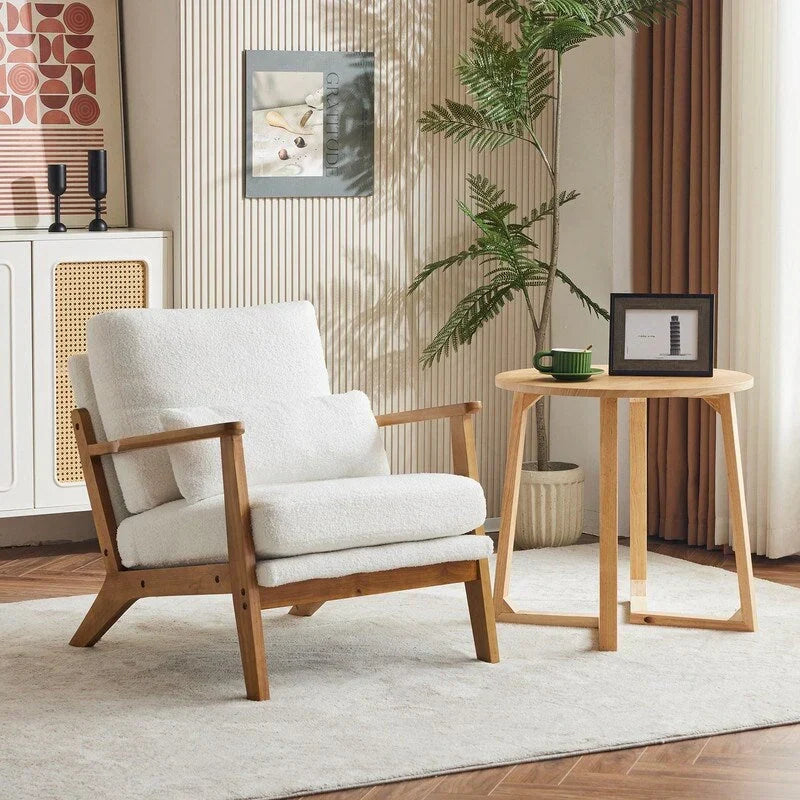 Poltrona d’accento imbottita in misto lino con gambe in legno e un cuscino, beige
