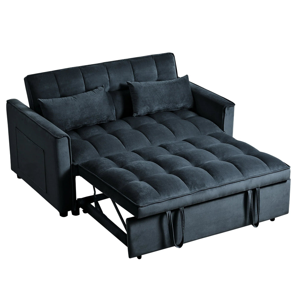 Canapé-lit moderne convertible, canapé-lit 3-en-1 avec dossier réglable, canapé 2 places en velours, coussins et poches latérales