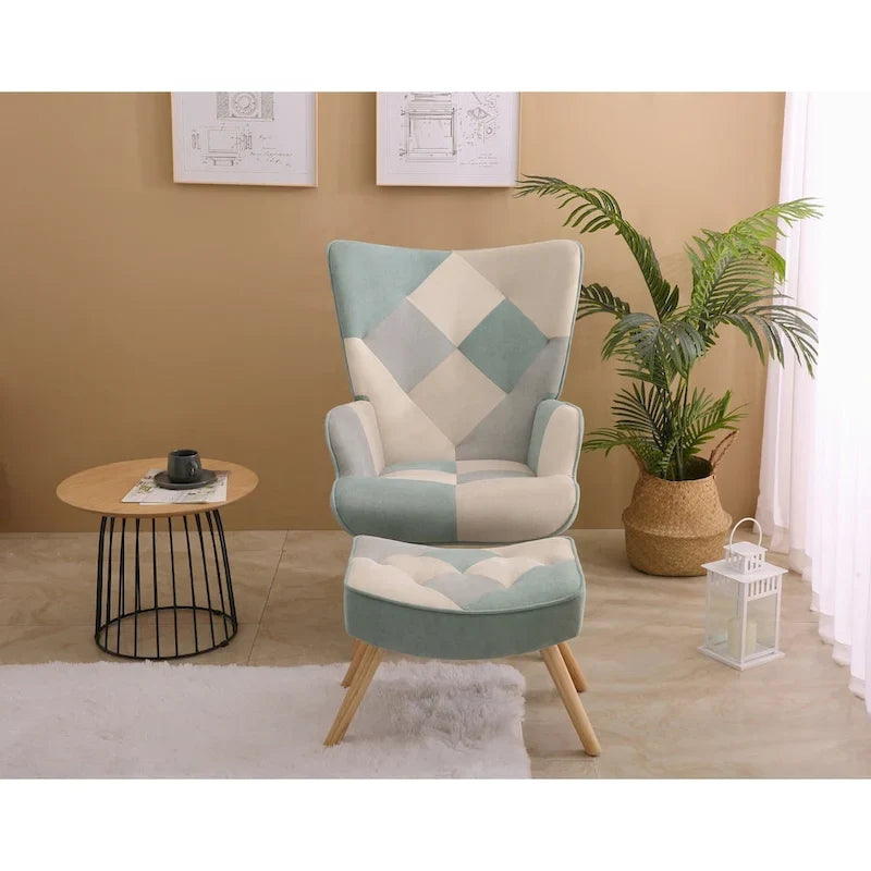 Fauteuil d’appoint avec pouf, ensemble fauteuil et pouf pour le salon, fauteuil d’appoint confortable avec accoudoirs pour la chambre, revêtement en tissu à motifs créatifs