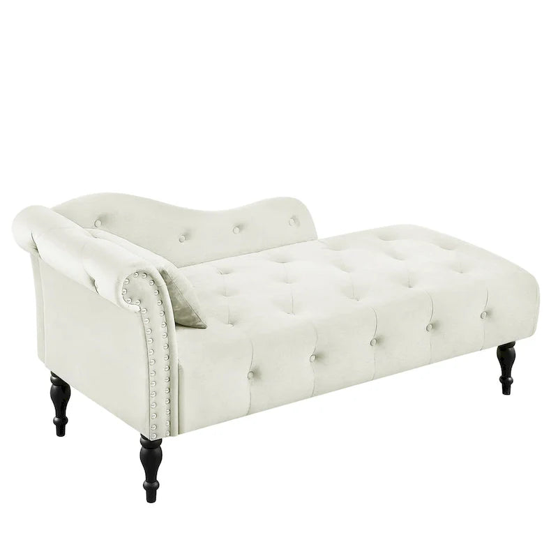 Chaise longue moderna da 60,6" in velluto con bottoni trapuntati, gambe in legno massello e borchie decorative