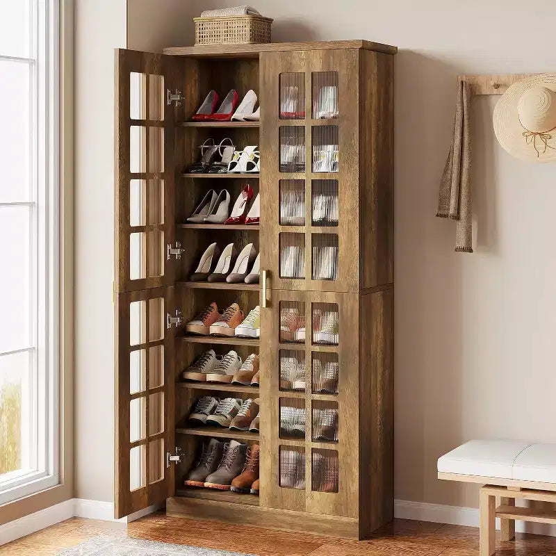 Meuble à chaussures haut Lantine avec portes, rangement à chaussures à 8 niveaux avec étagères réglables, meuble à chaussures moderne pour entrée, placard ou salon, blanc