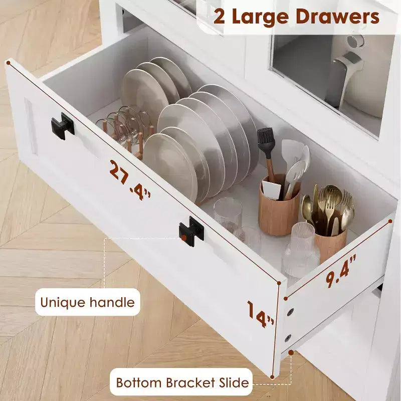 Dispensa da cucina in stile rustico con ante in vetro, mobile contenitore da 72 pollici con cassetti e ripiani regolabili per sala da pranzo, bagno e soggiorno
