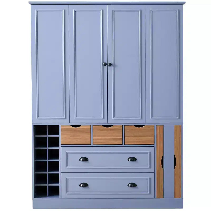 Armoire garde-manger indépendante Whisen de 71 po de hauteur, grand meuble de rangement pour salle à manger avec 4 portes pliantes, étagères et porte-bouteilles
