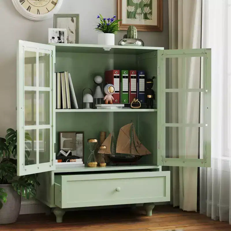 Meuble de rangement, meuble bas en bois avec 1 tiroir et 2 portes vitrées, buffet de ferme avec rangement pour le salon