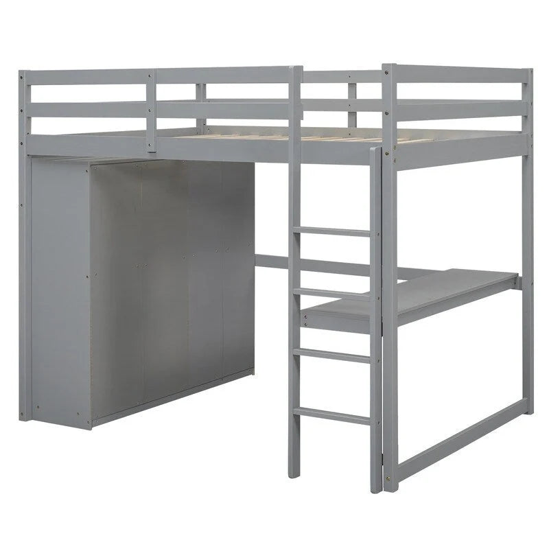 Lit mezzanine en bois 2 places avec armoire intégrée, bureau, étagères de rangement et tiroirs